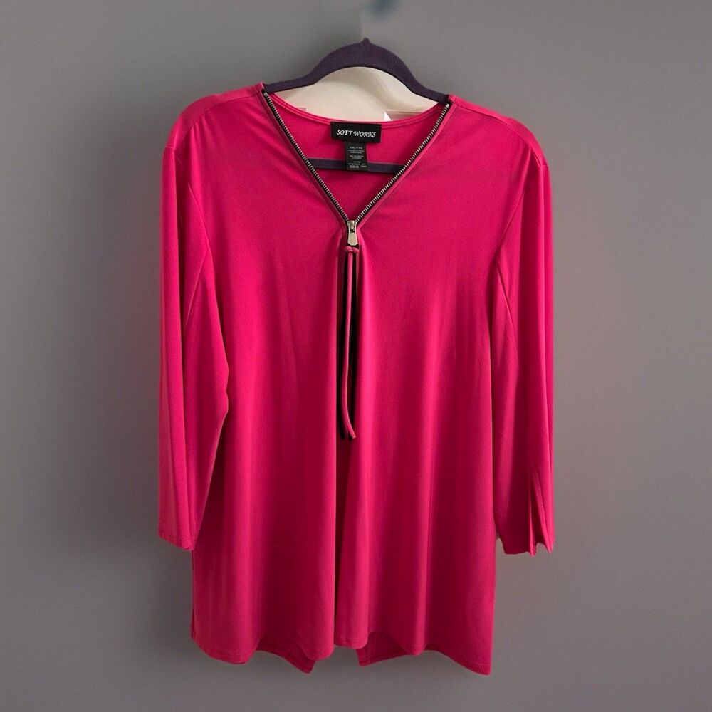 Soft Works Top Women’s Bright Hot Pink 3/4 Sleeve Zipper Relaxed XXL Corpcore